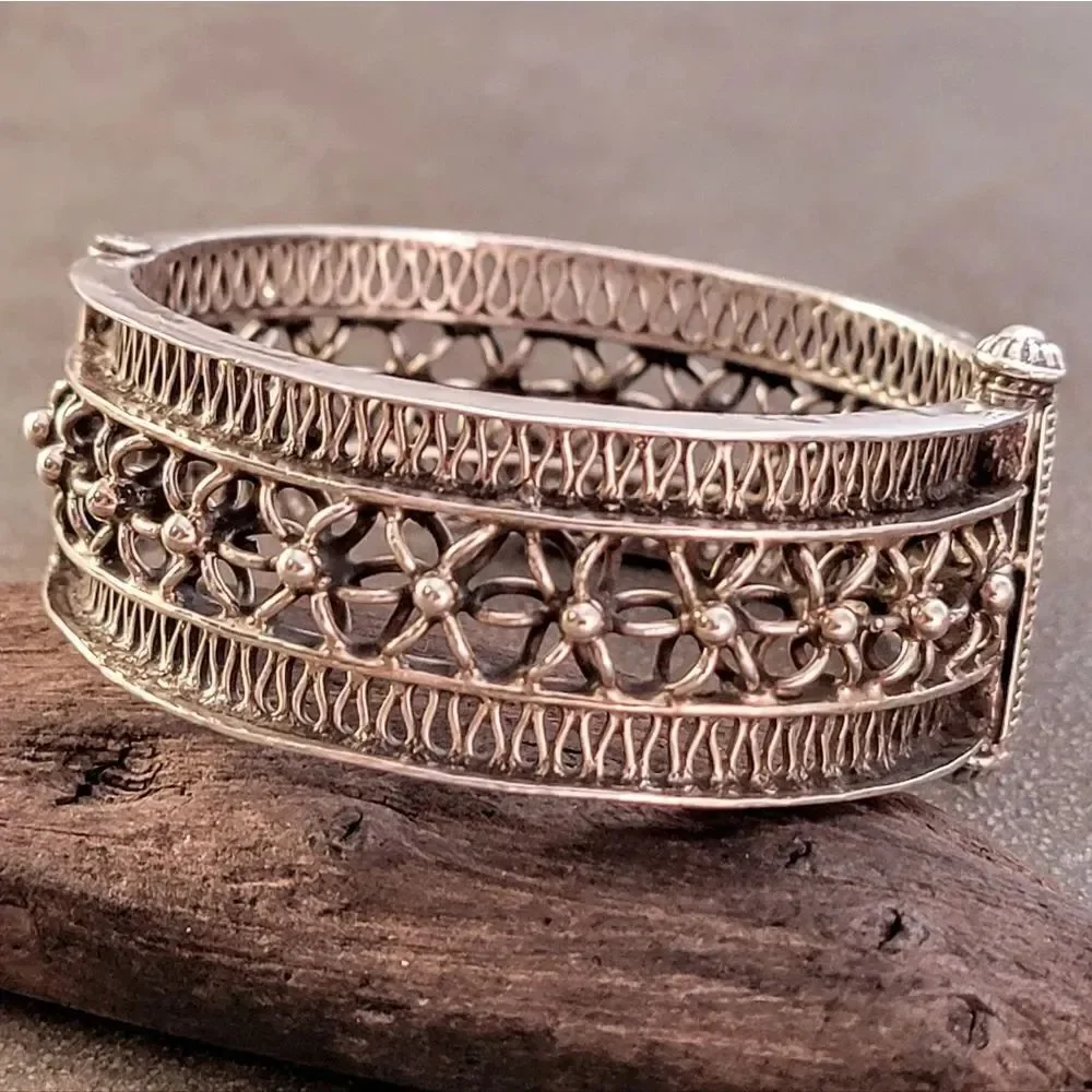 Sterling Vintage Wide Openwork Flower Hinge Bangle Bracelet